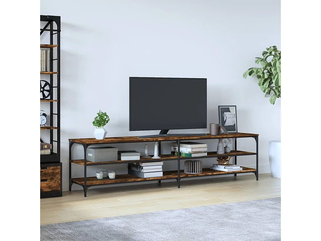 Meuble TV chêne fumé 200x30x50 cm bois d'ingénierie et métal