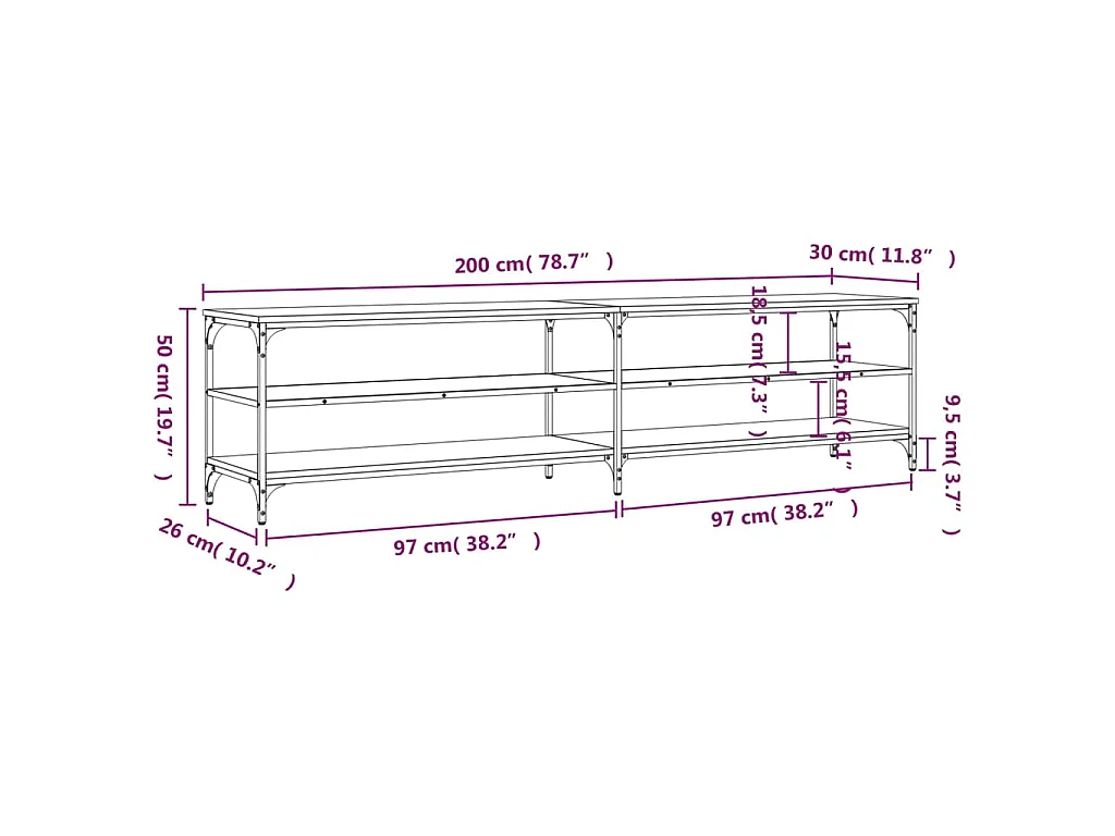 Meuble TV chêne fumé 200x30x50 cm bois d'ingénierie et métal