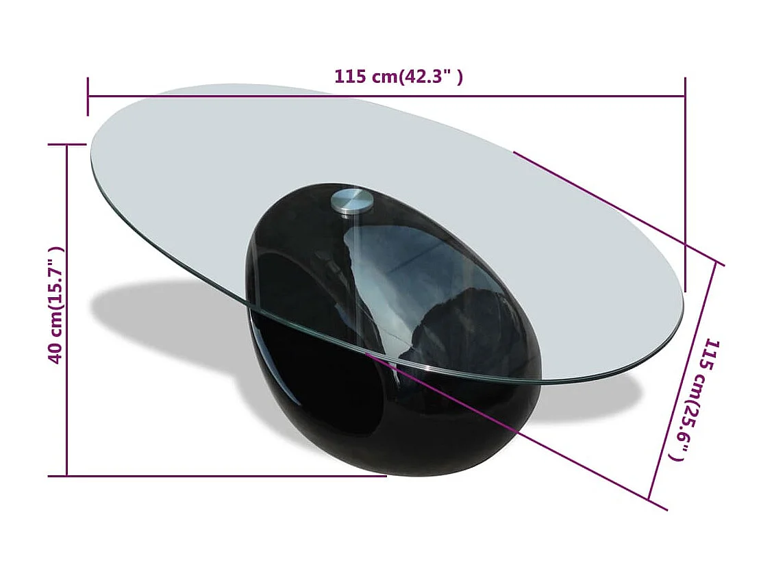Table basse avec dessus de table en verre ovale Noir brillant