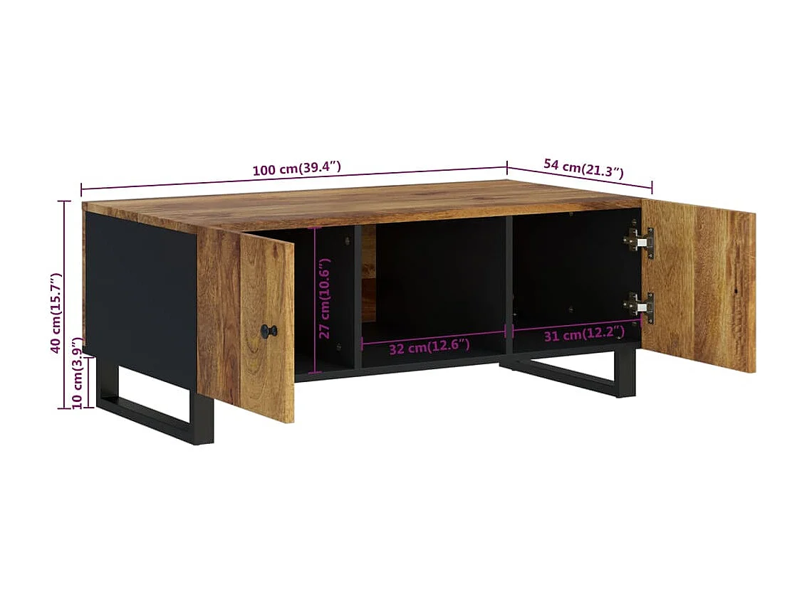 Table basse 100x54x40cm bois de manguier solide et d'ingénierie