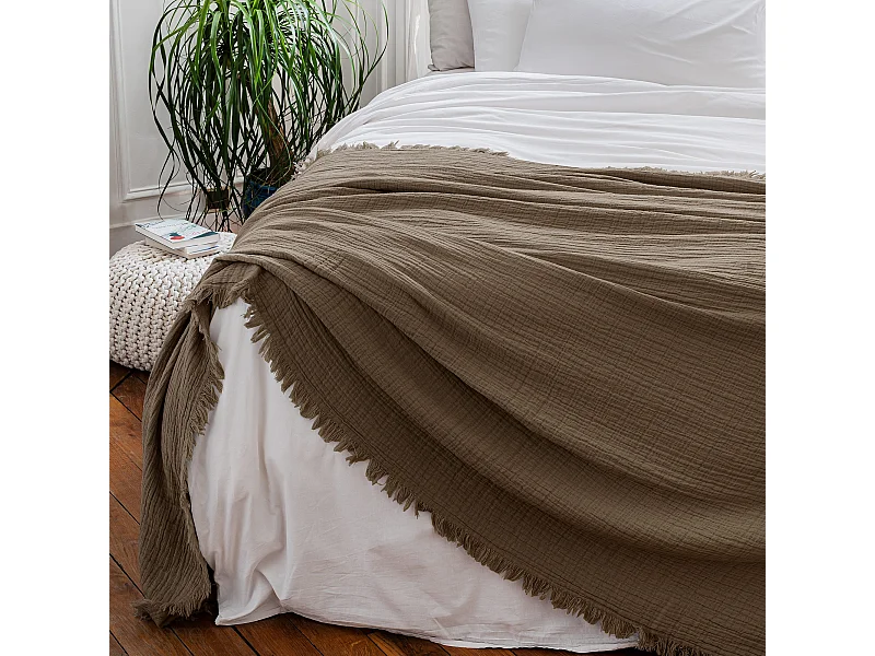 Plaid avec franges 125x180 cm BREHAT 100% gaze de coton marron moka