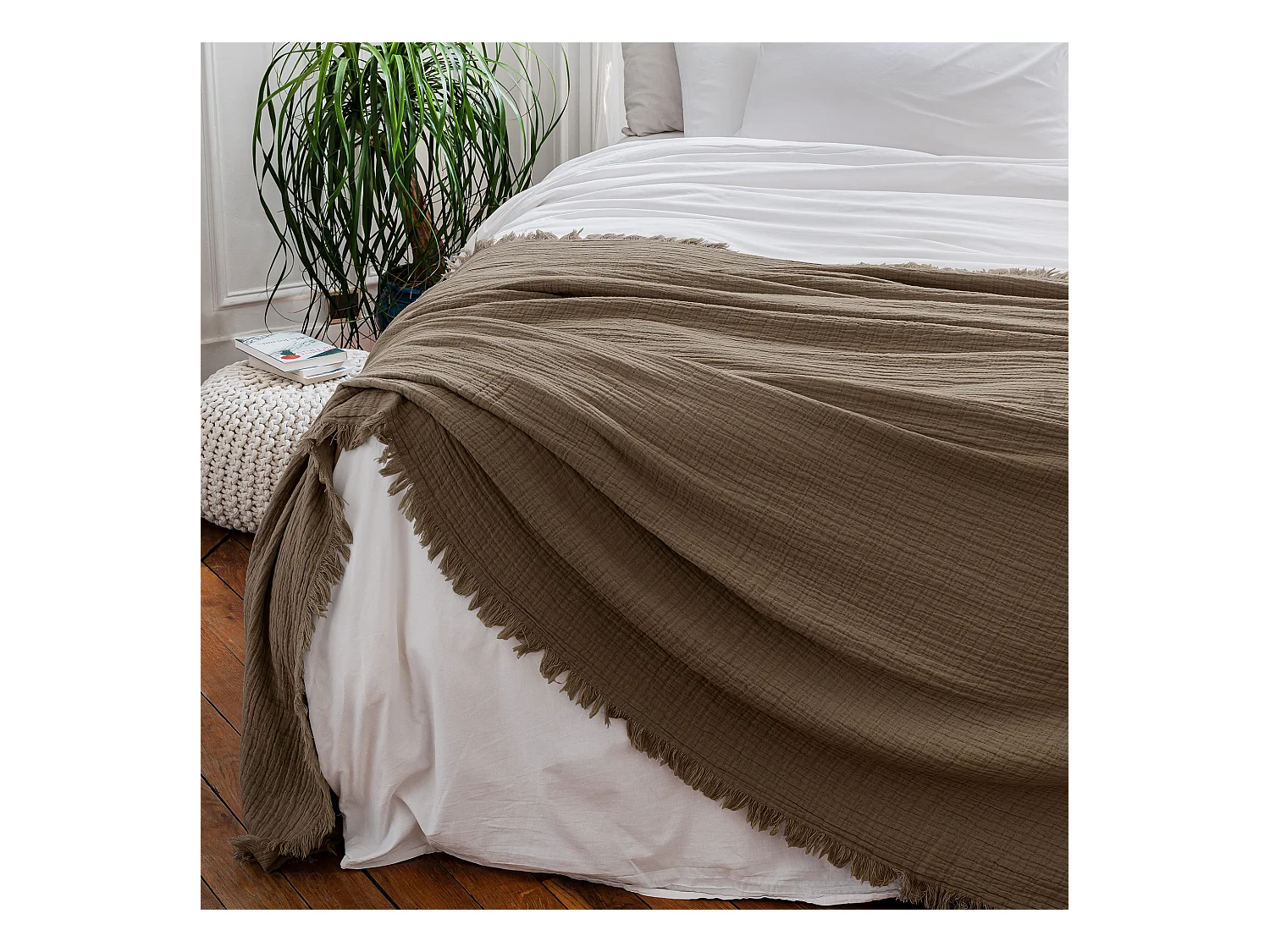 Plaid avec franges 125x180 cm BREHAT 100% gaze de coton marron moka