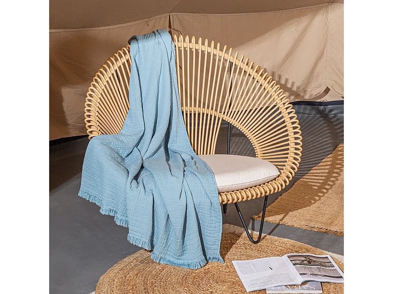 Plaid avec franges 125x180 cm BREHAT 100% gaze de coton bleu orage