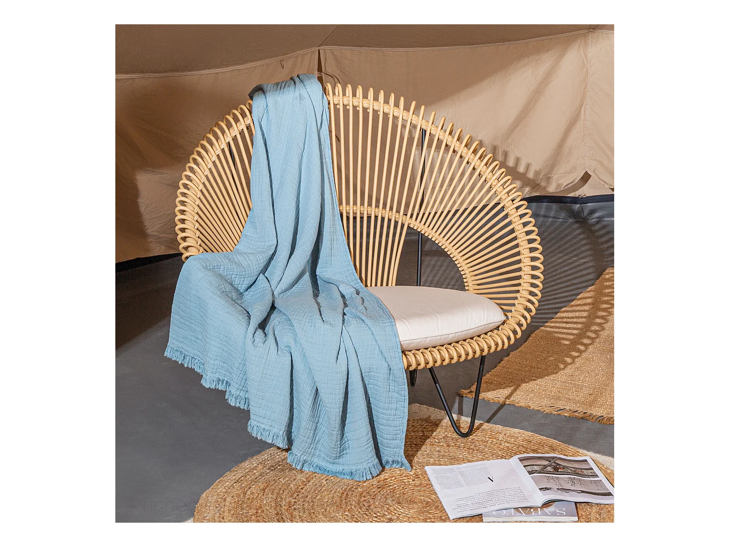 Plaid avec franges 125x180 cm BREHAT 100% gaze de coton bleu orage