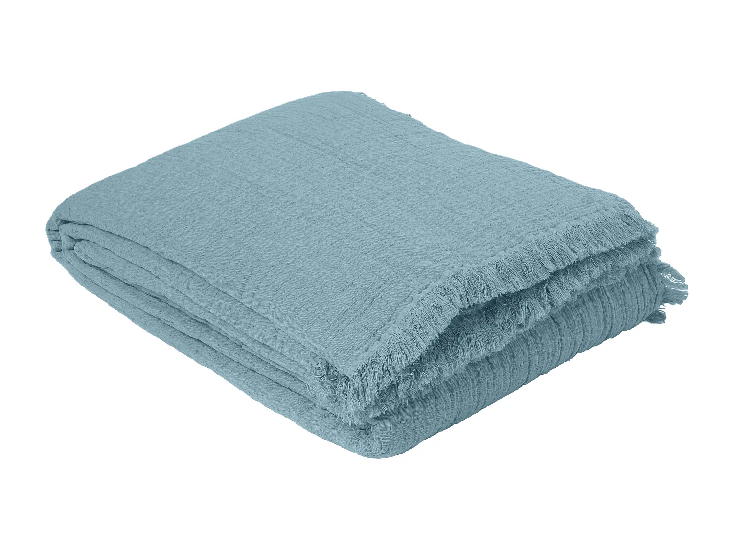 Plaid avec franges 125x180 cm BREHAT 100% gaze de coton bleu orage