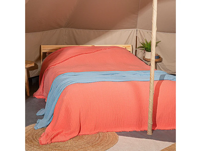 Plaid avec franges 125x180 cm BREHAT 100% gaze de coton orange corail