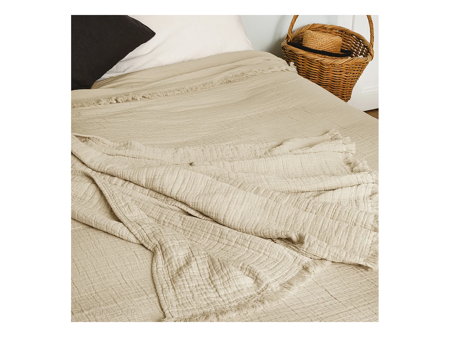 Plaid avec franges 125x180 cm BREHAT 100% gaze de coton marron galet