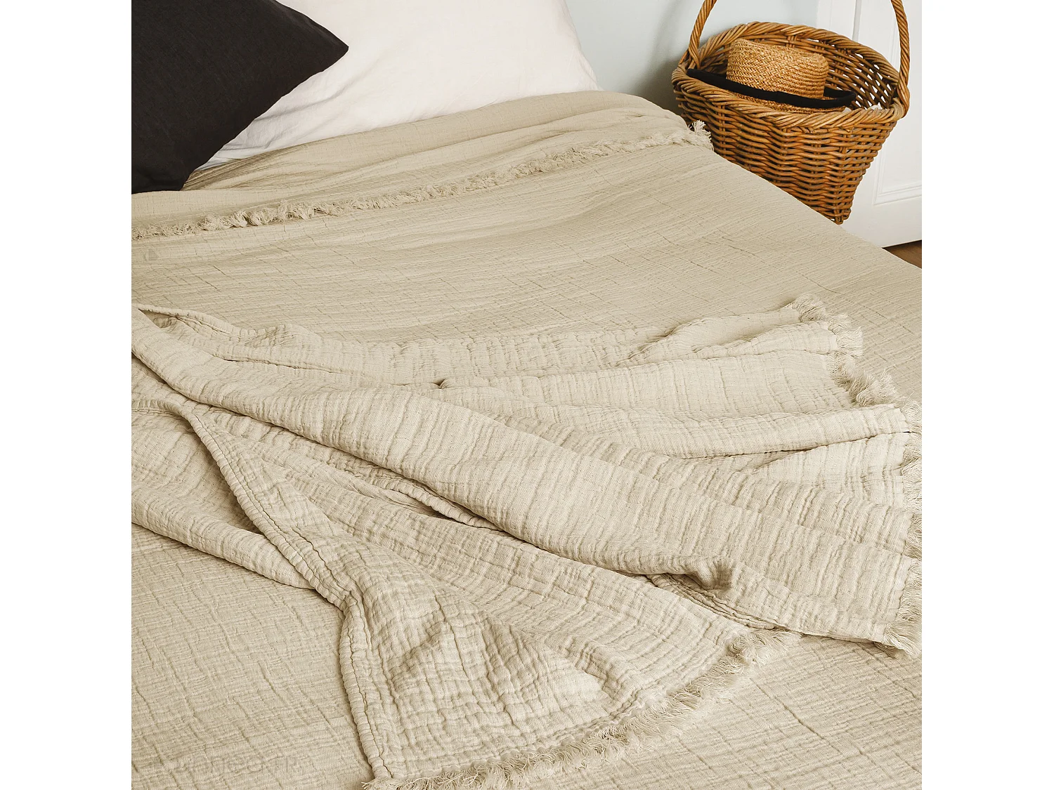 Plaid avec franges 125x180 cm BREHAT 100% gaze de coton marron galet