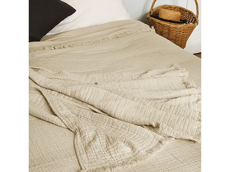 Plaid avec franges 125x180 cm BREHAT 100% gaze de coton marron galet