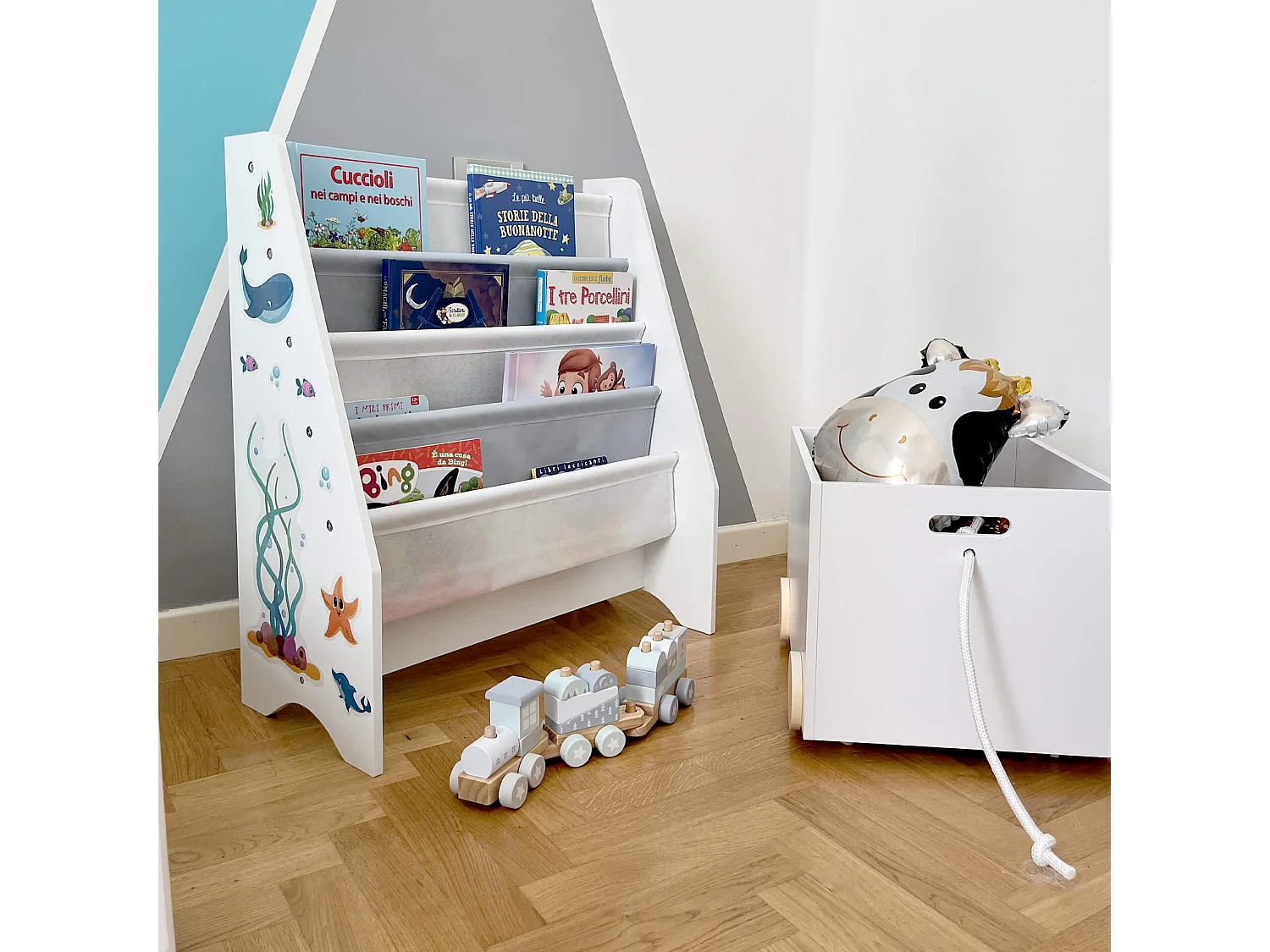 Scaffale Per Bambini Libreria Montessori Bianco MDF TNT con 4 Ripiani