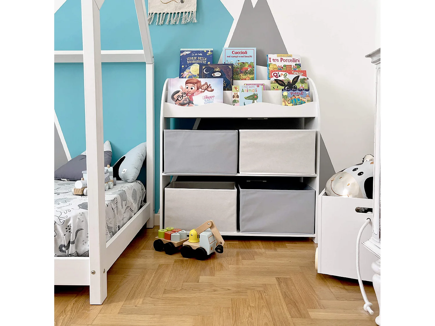 Etagère à Jouets pour Enfants MDF Blanc Gris avec 4 Boîtes