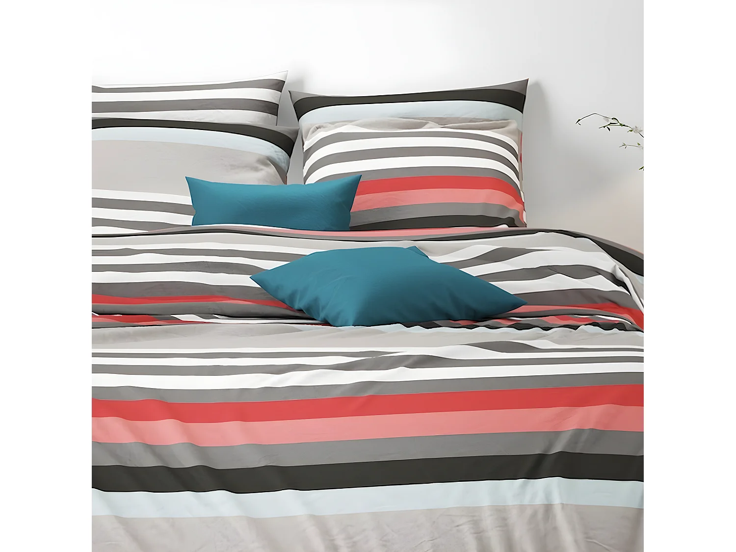 Housse de couette 220x240 cm + 2 taies d'oreiller 63x63 cm 100% Coton 57 fils Stripe