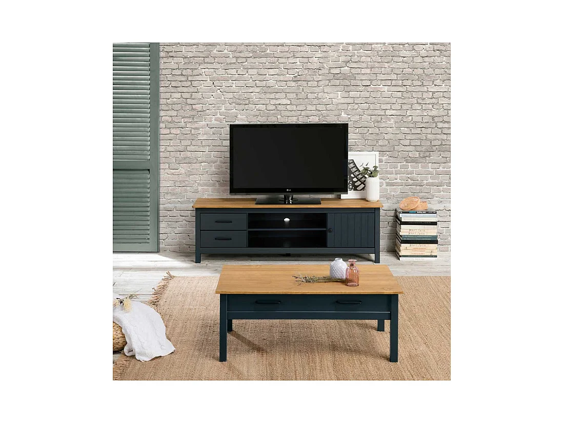 Meuble TV 1 porte 2 tiroirs Bois/Bleu - DARANMI
