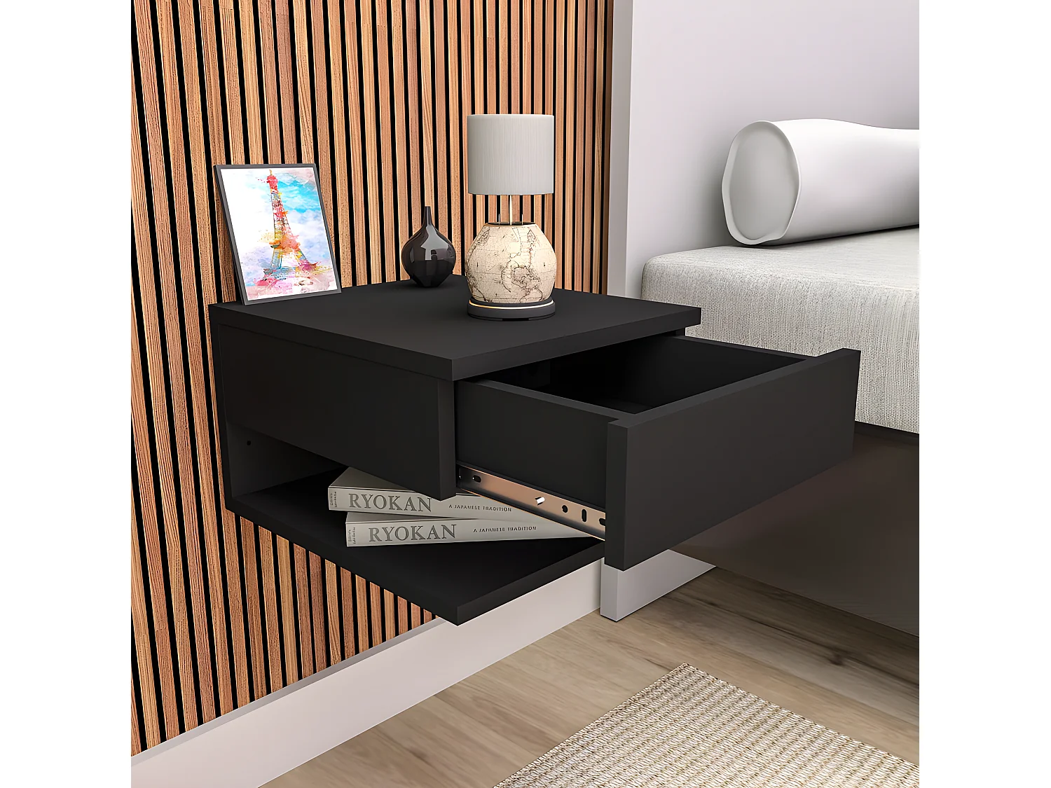 Table de Chevet 1 Tiroir 1 Niche Noire L 30 H 20 P 33.6 cm