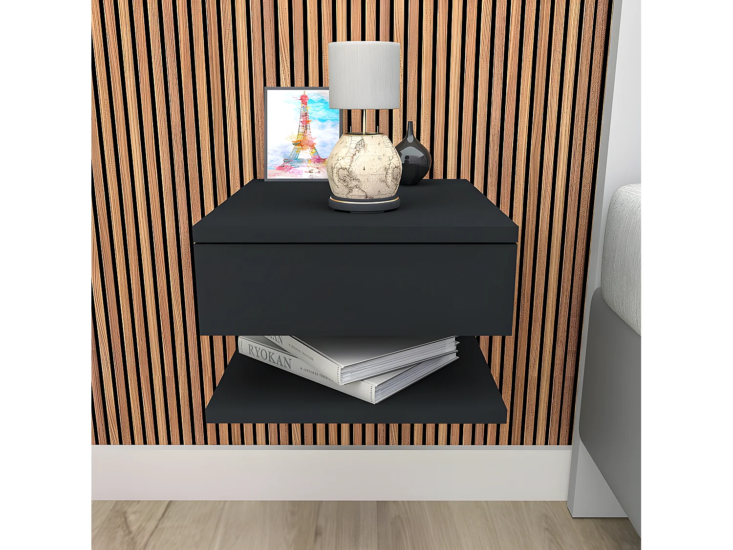 Table de Chevet 1 Tiroir 1 Niche Noire L 30 H 20 P 33.6 cm