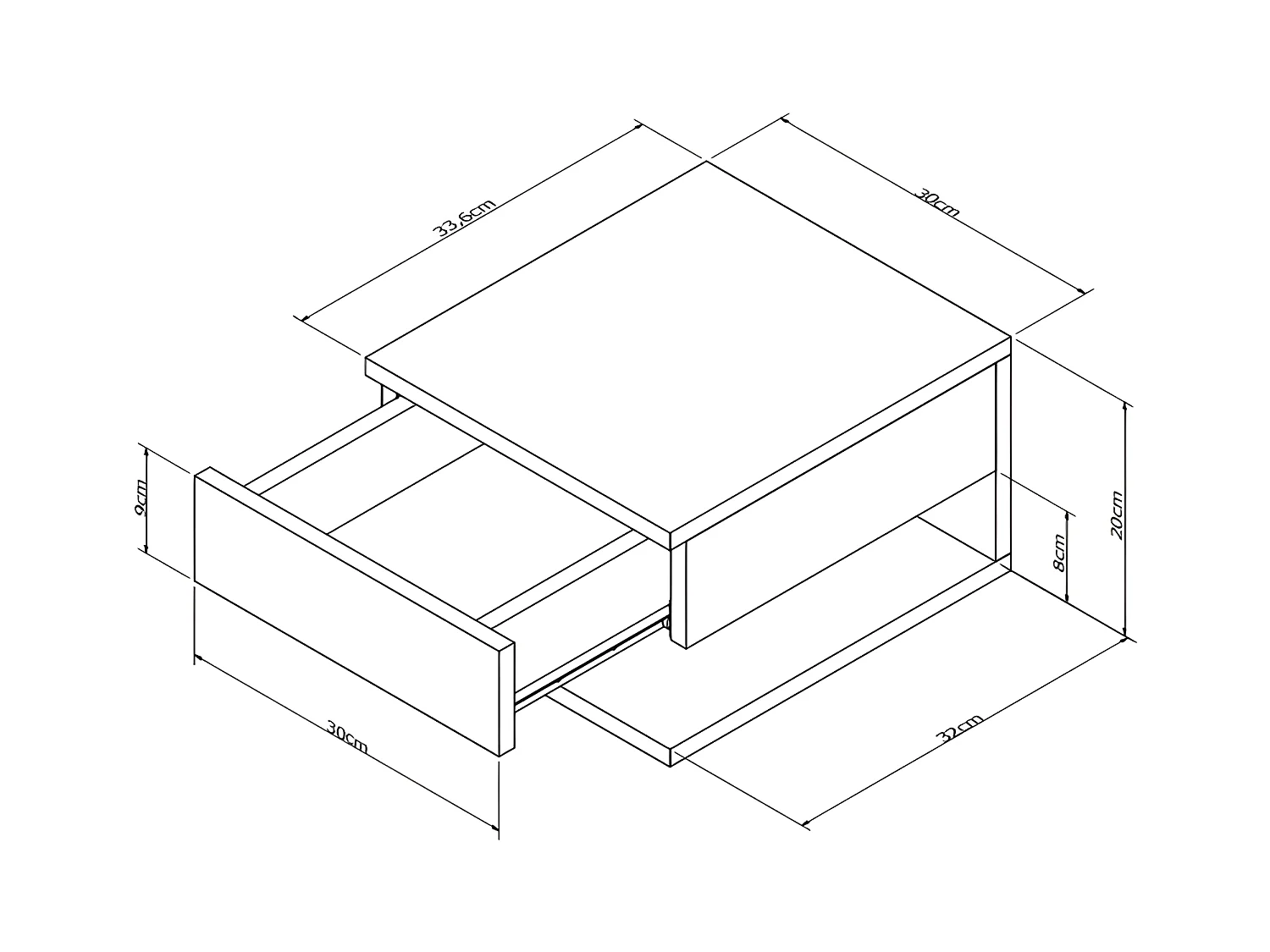 Table de Chevet 1 Tiroir 1 Niche Noire L 30 H 20 P 33.6 cm