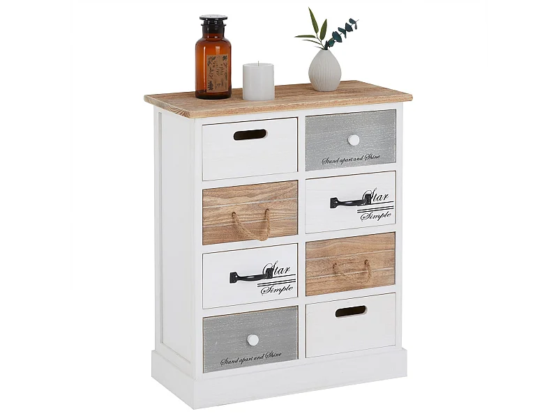 Commode chambre SALVA L 54 cm en bois massif blanc et brun avec 8 tiroirs meuble rangement style shabby chic