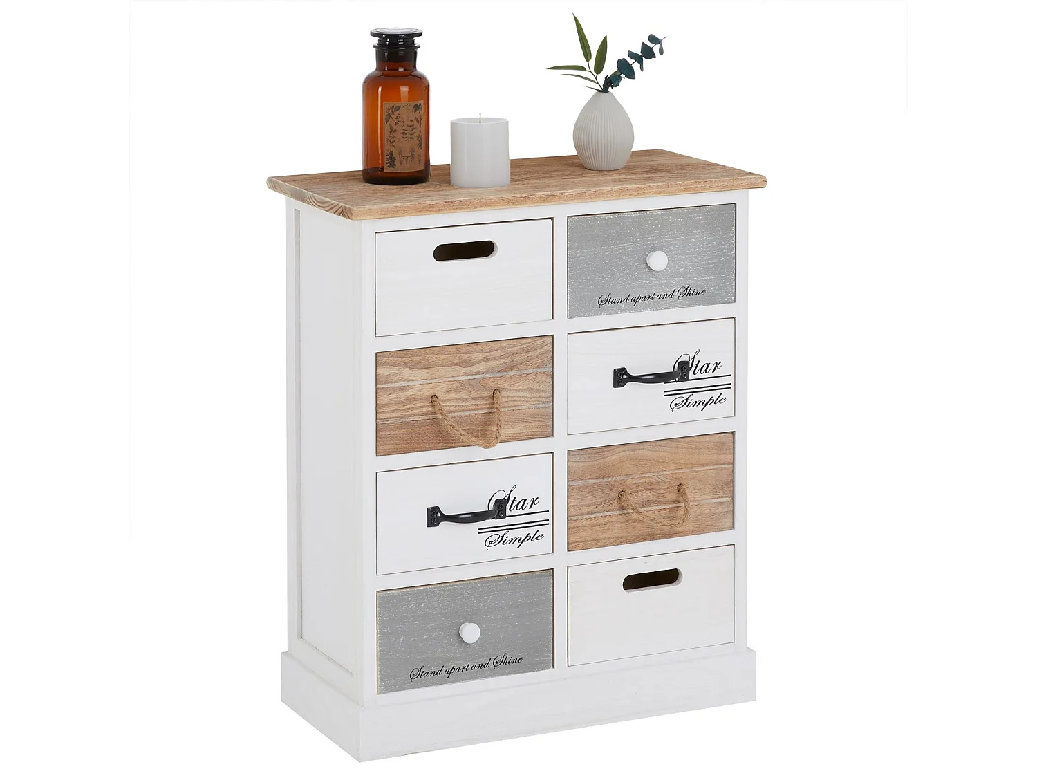 Commode chambre SALVA L 54 cm en bois massif blanc et brun avec 8 tiroirs meuble rangement style shabby chic