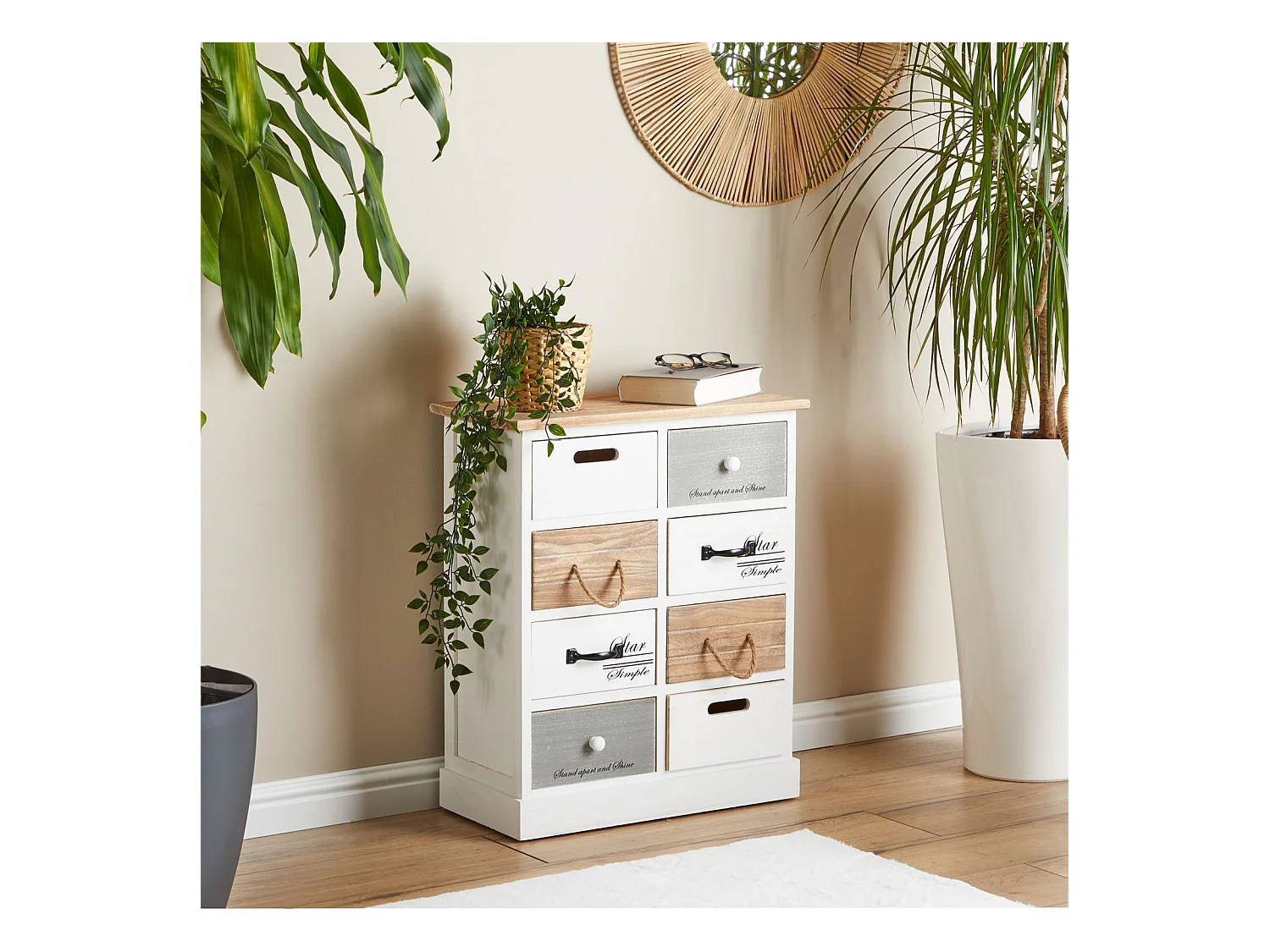 Commode chambre SALVA L 54 cm en bois massif blanc et brun avec 8 tiroirs meuble rangement style shabby chic
