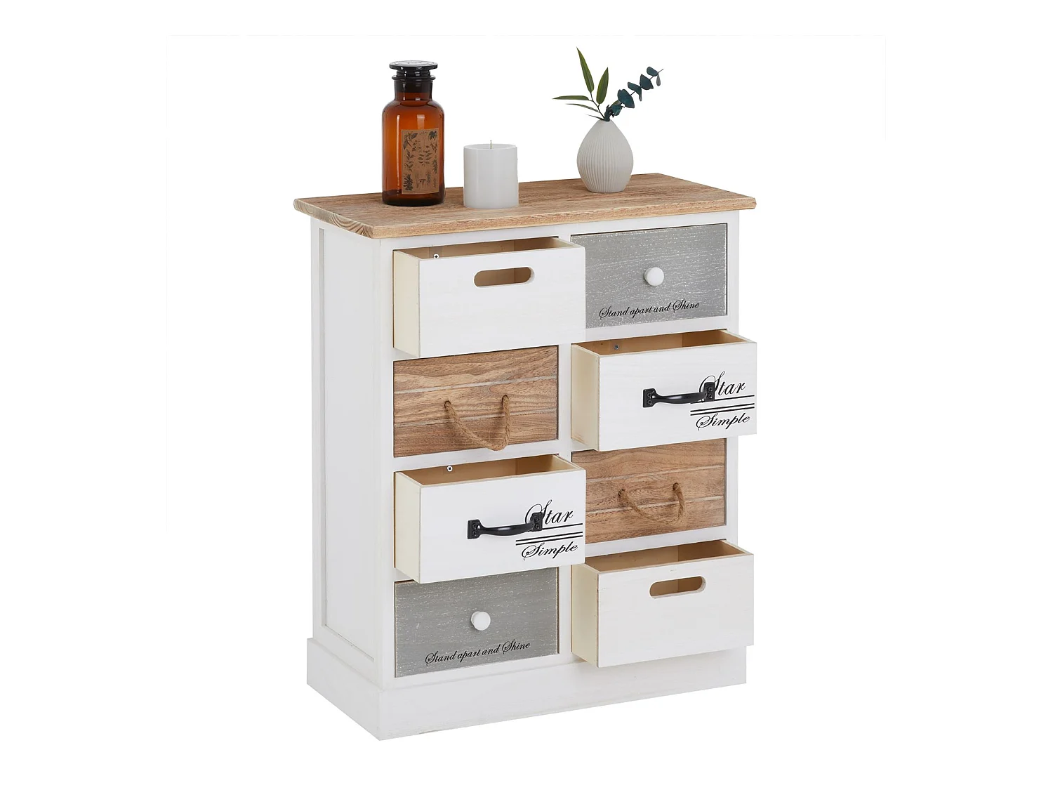 Commode chambre SALVA L 54 cm en bois massif blanc et brun avec 8 tiroirs meuble rangement style shabby chic