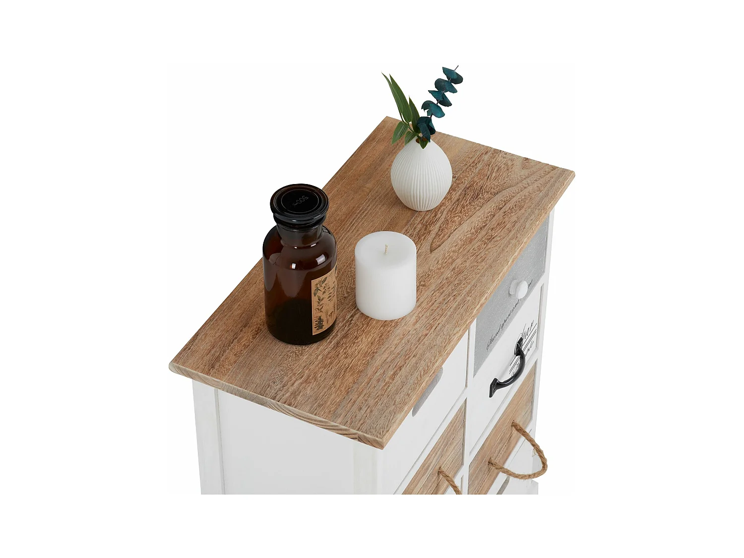 Commode chambre SALVA L 54 cm en bois massif blanc et brun avec 8 tiroirs meuble rangement style shabby chic