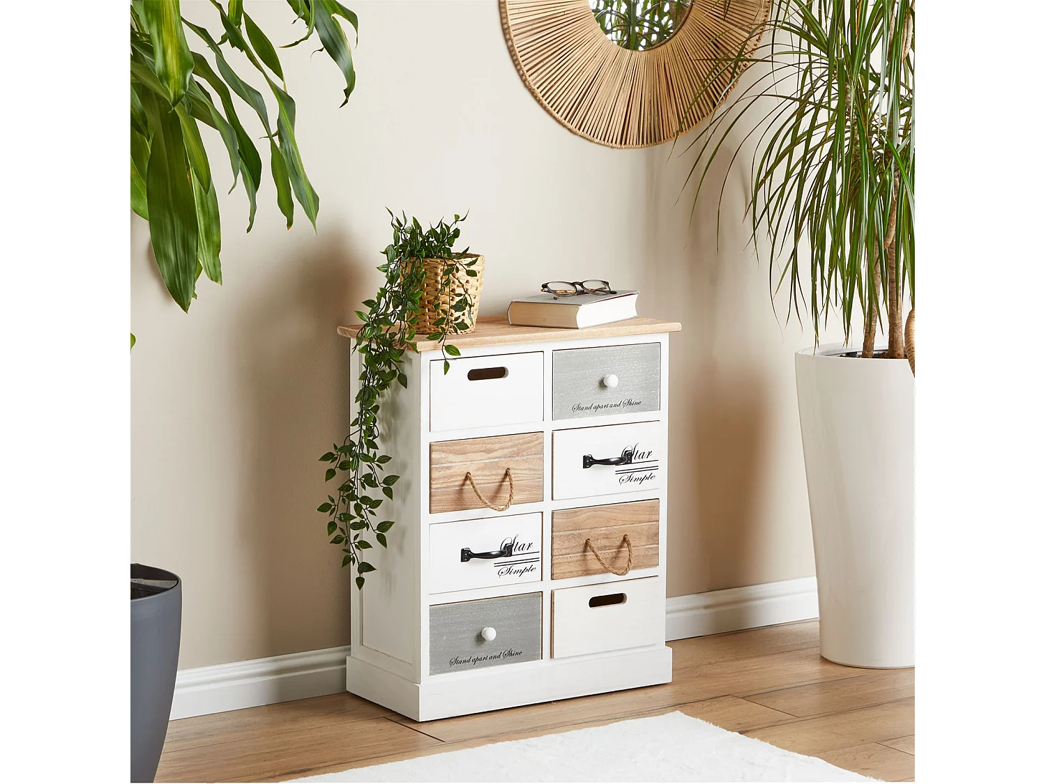 Commode chambre SALVA L 54 cm en bois massif blanc et brun avec 8 tiroirs meuble rangement style shabby chic