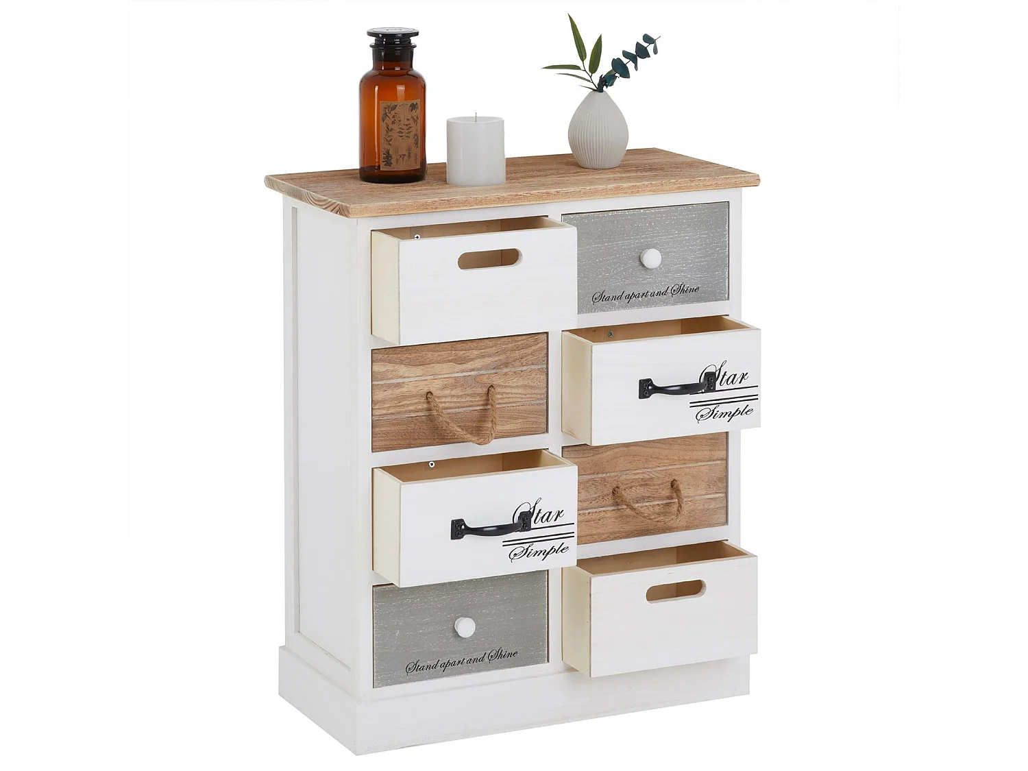 Commode chambre SALVA L 54 cm en bois massif blanc et brun avec 8 tiroirs meuble rangement style shabby chic