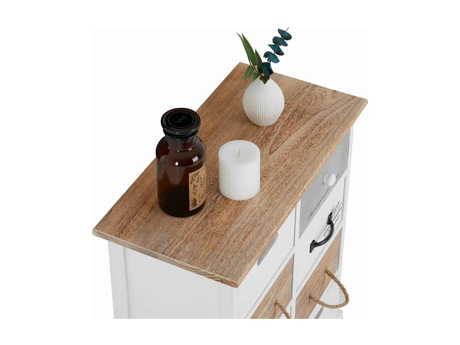 Commode chambre SALVA L 54 cm en bois massif blanc et brun avec 8 tiroirs meuble rangement style shabby chic