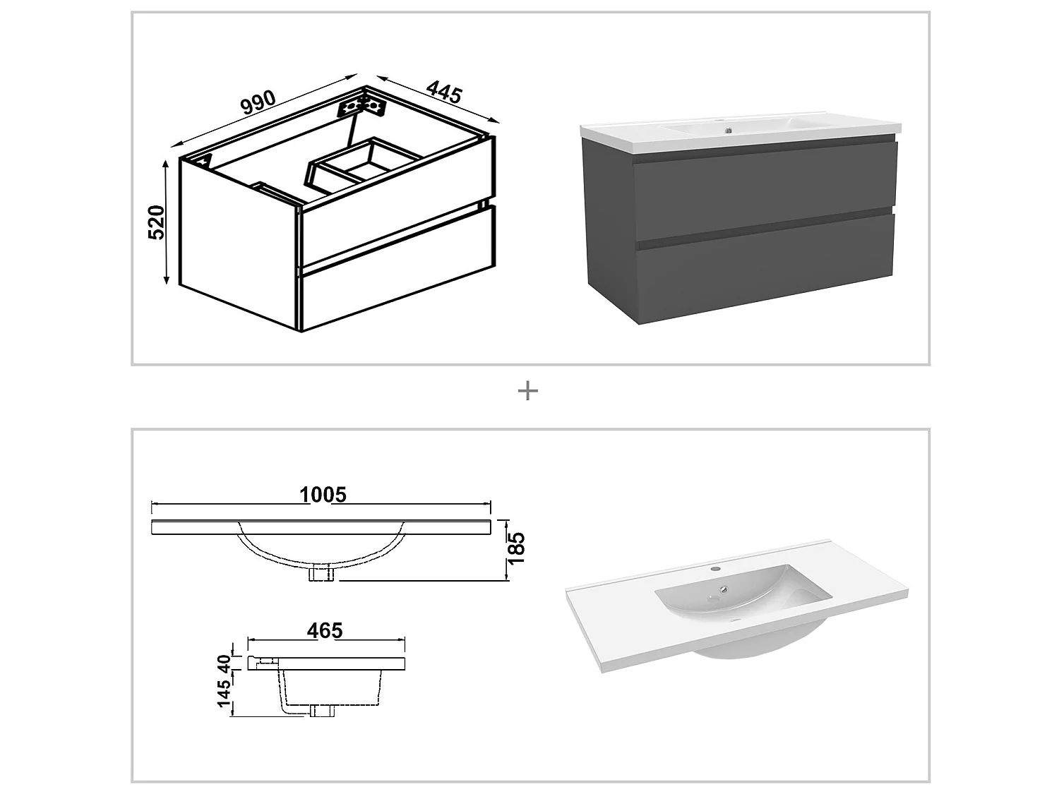 Meuble salle de bain simple vasque 100cm Anthracite meuble acve rond miroir - Aica