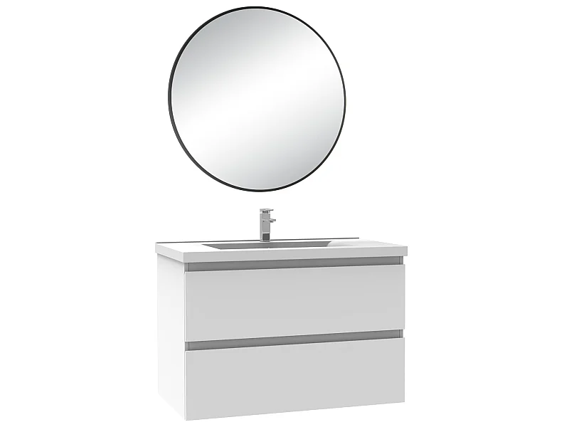 Meuble salle de bain simple vasque 80cm blanc meuble acve rond miroir - Aica