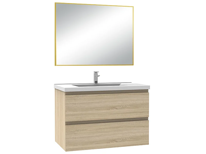 Meuble salle de bain simple vasque 80cm Chêne Wotan meuble acve miroir - Aica