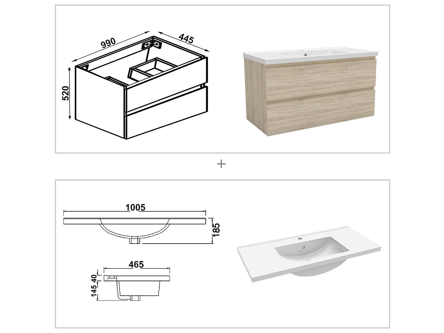 Meuble salle de bain simple vasque 100cm Chêne Wotan meuble acve miroir - Aica