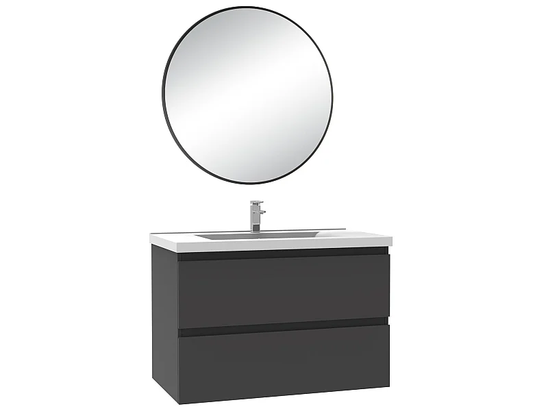 Meuble salle de bain simple vasque 80cm Anthracite meuble acve rond miroir - Aica