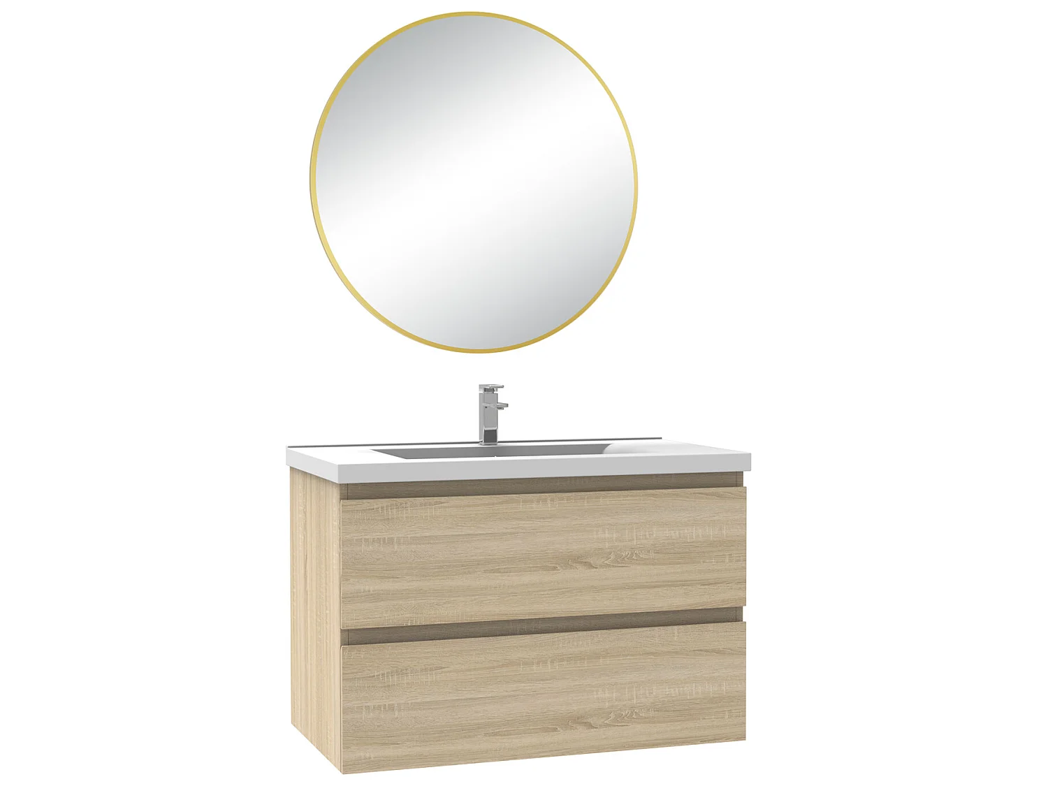 Meuble salle de bain simple vasque 60cm Chêne Wotan meuble acve rond miroir - Aica