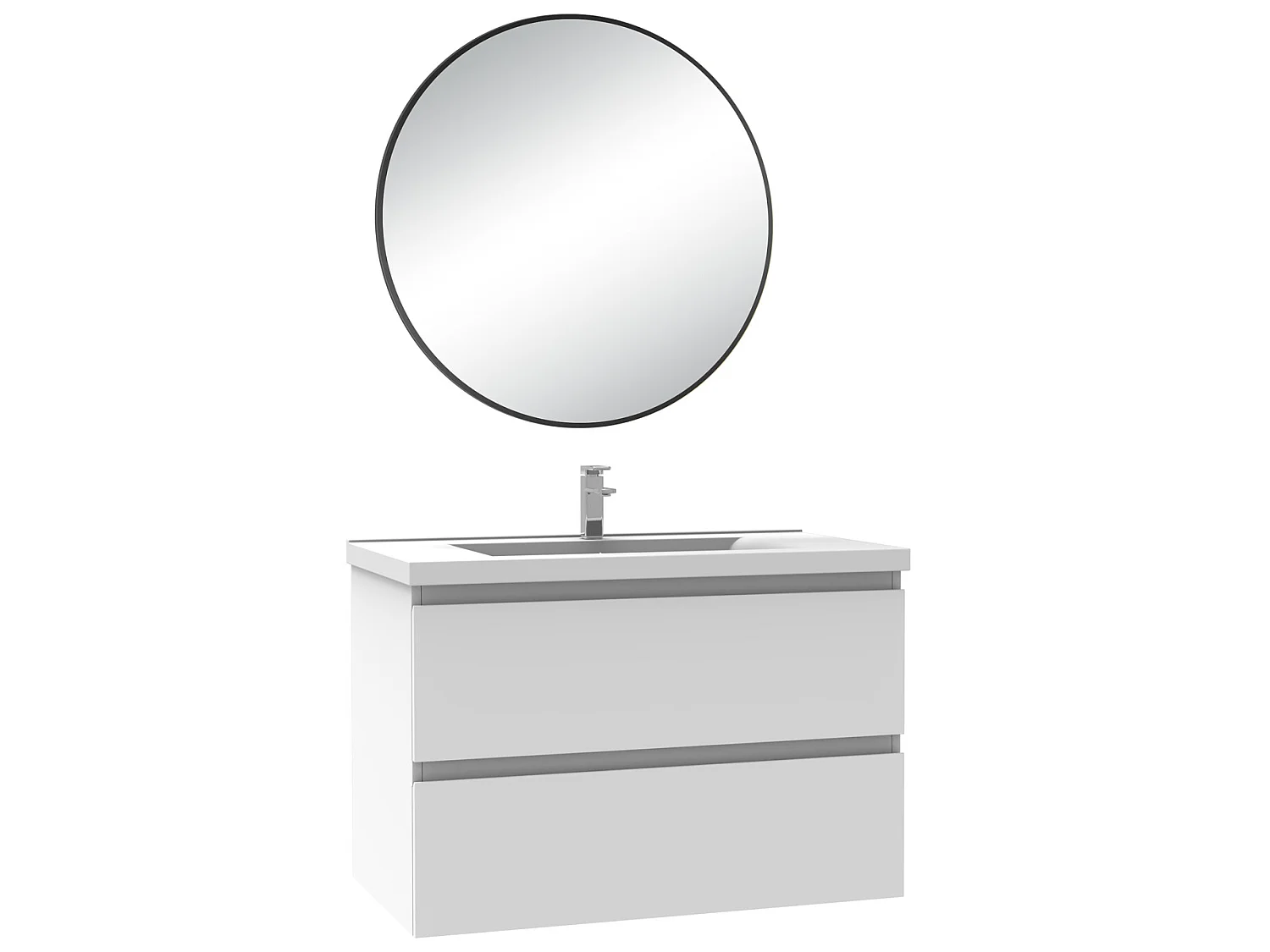 Meuble salle de bain simple vasque 60cm blanc meuble acve rond miroir - Aica