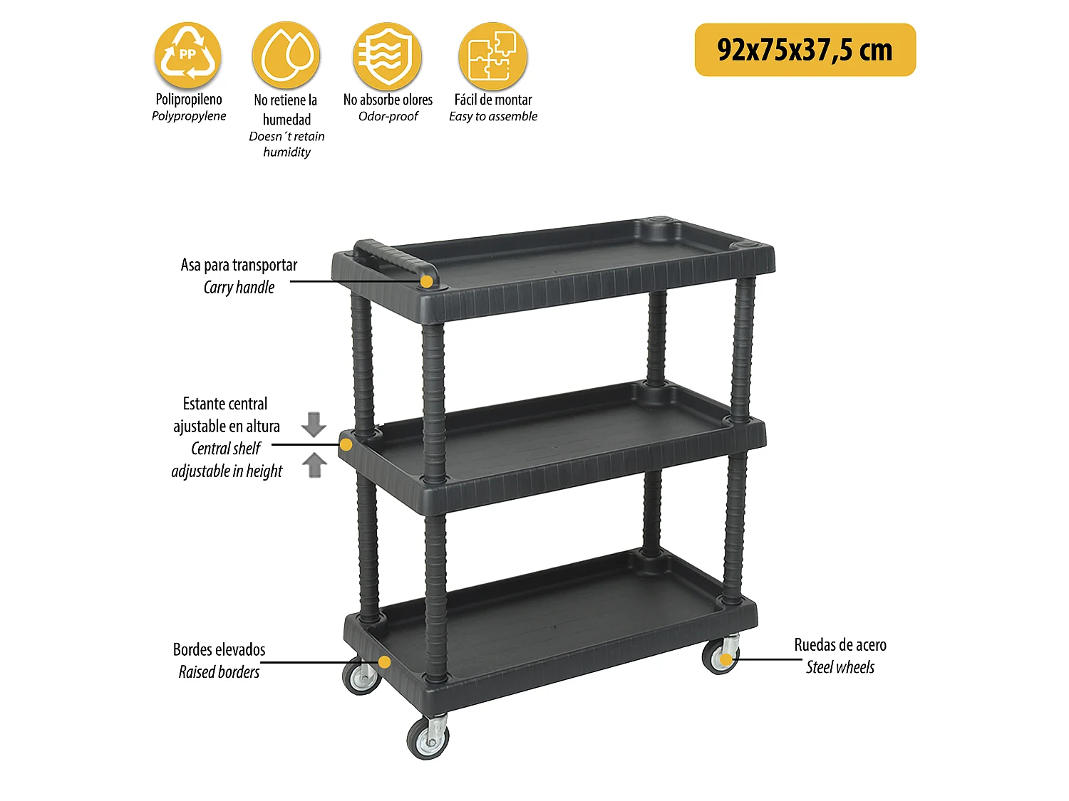 Chariot avec roues en acier et étagères réglables 75 x 37,5 x 92 cm.
