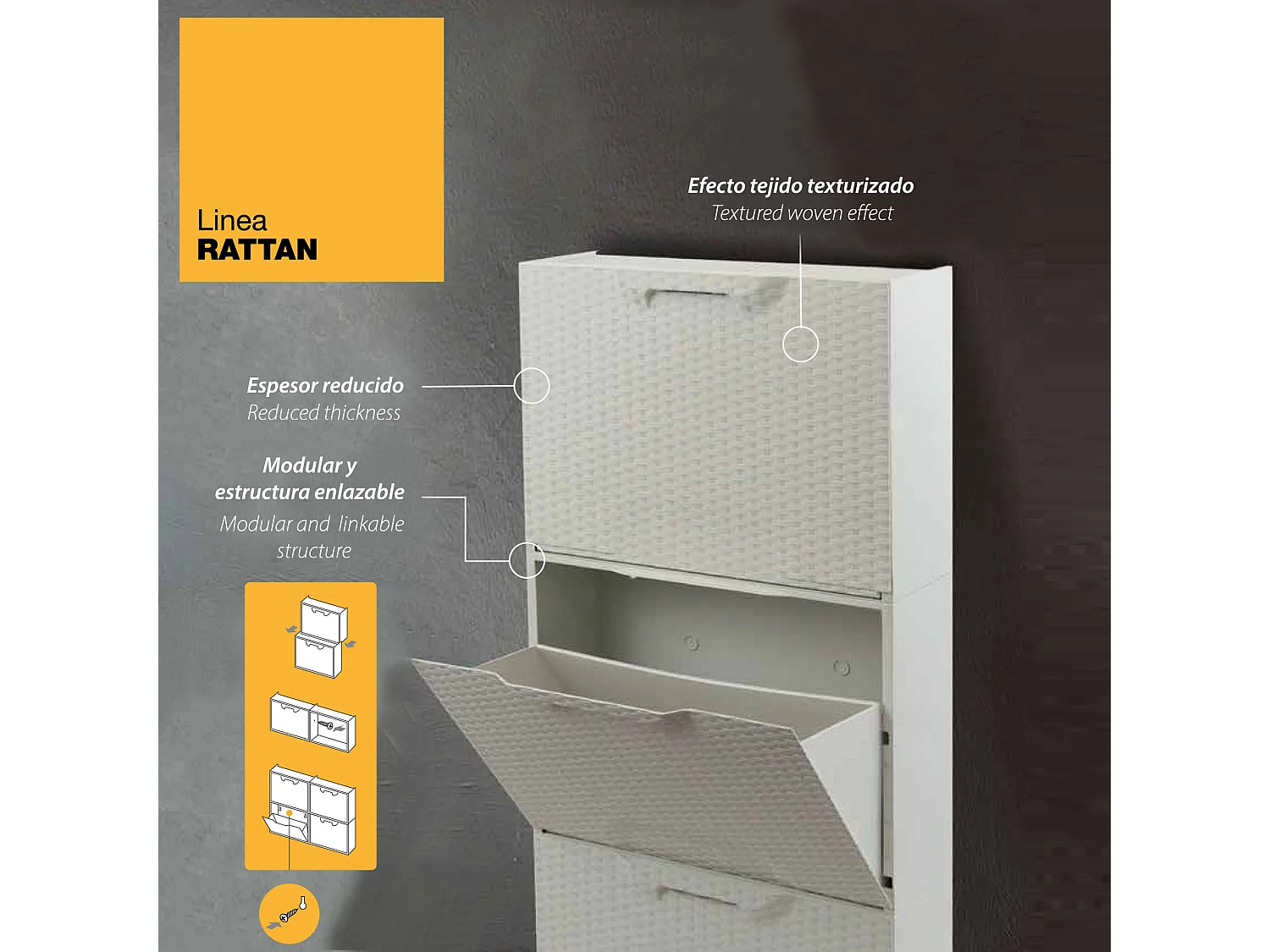 Lot de 3 étagères à chaussures blanches et étagère à chaussures marron en polypropylène finition rattane