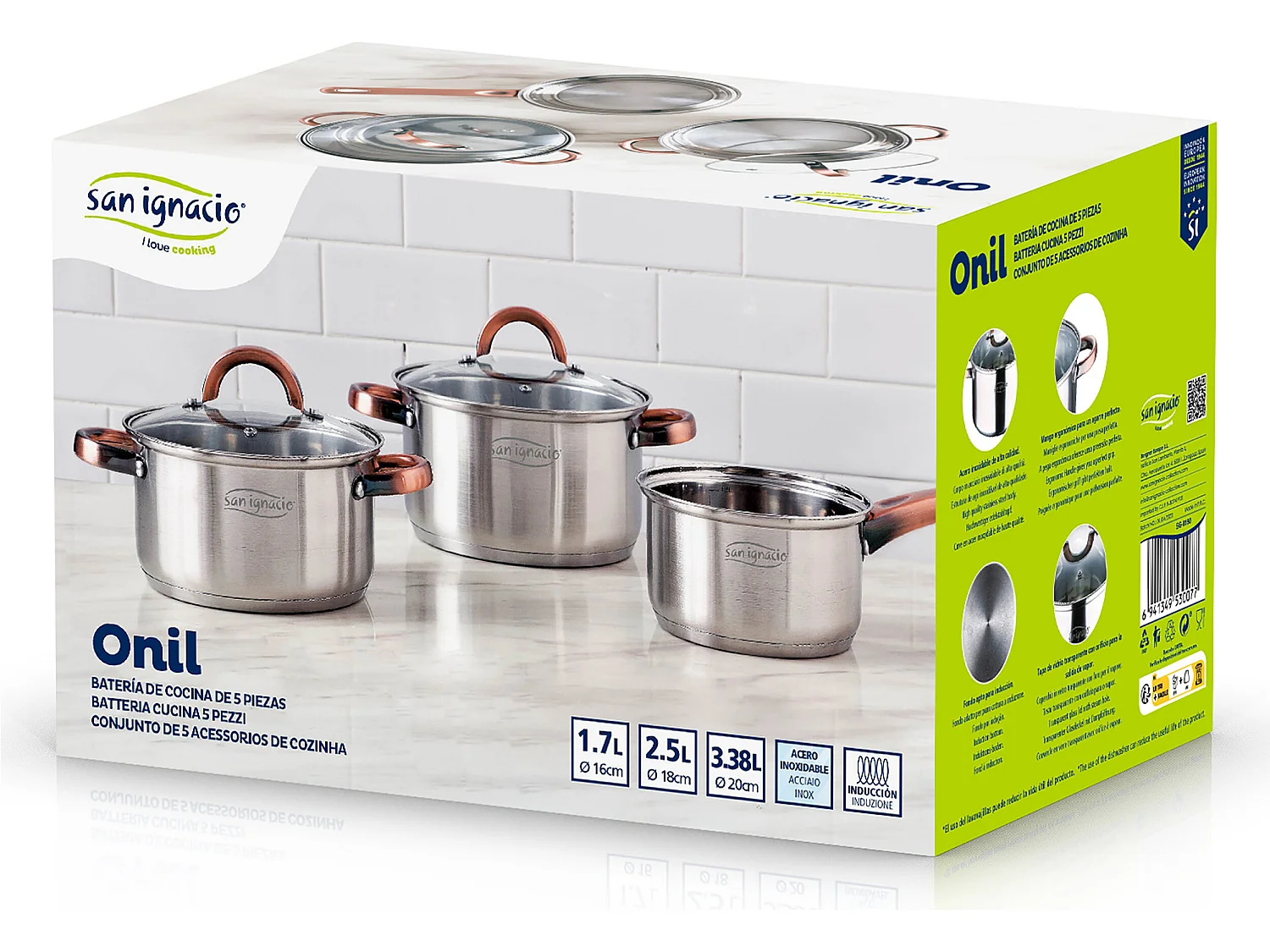 Batterie de cuisine en acier inoxydable 5 pièces, adaptée à l'induction, collection Onil