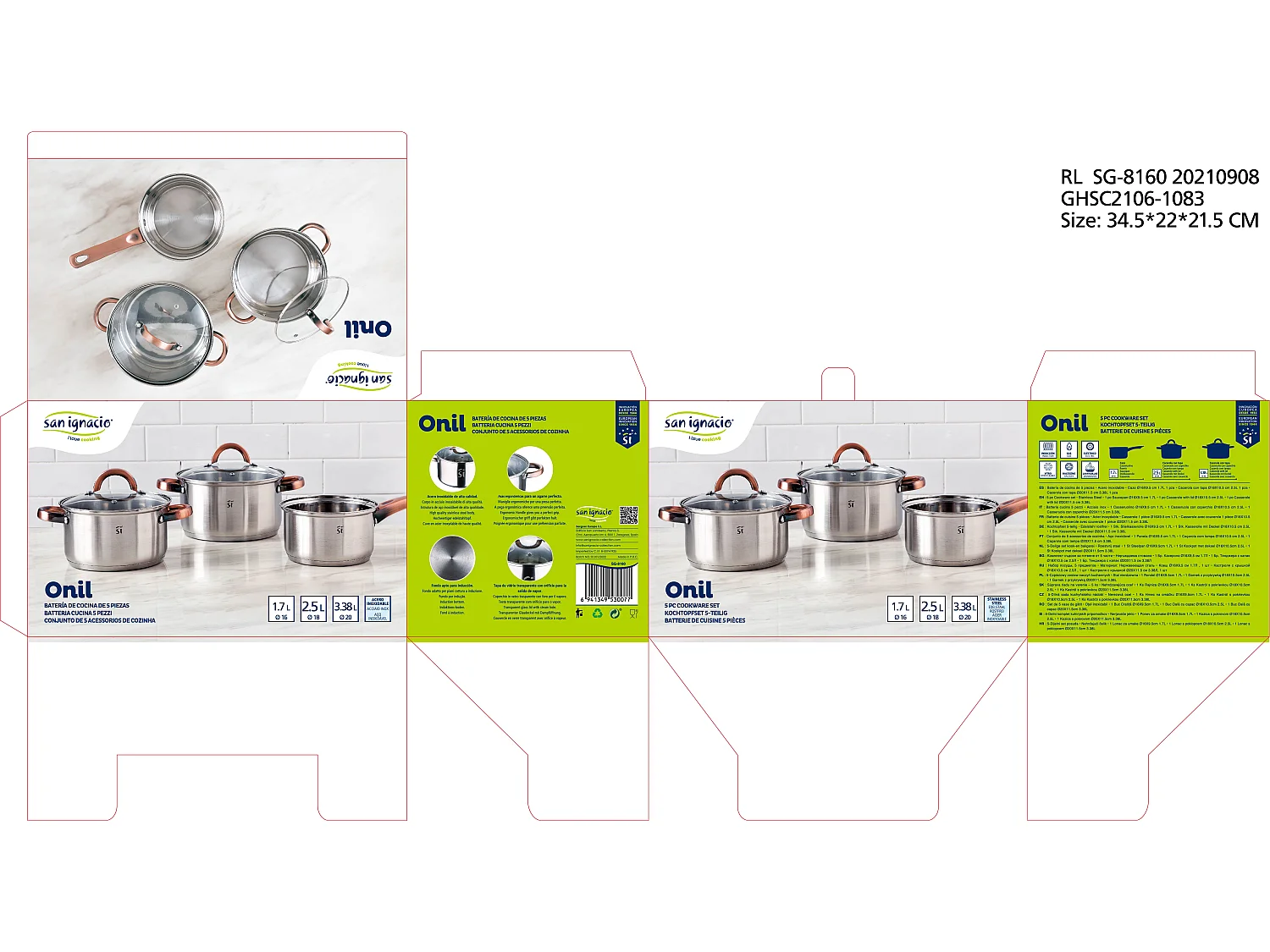 Batterie de cuisine en acier inoxydable 5 pièces, adaptée à l'induction, collection Onil