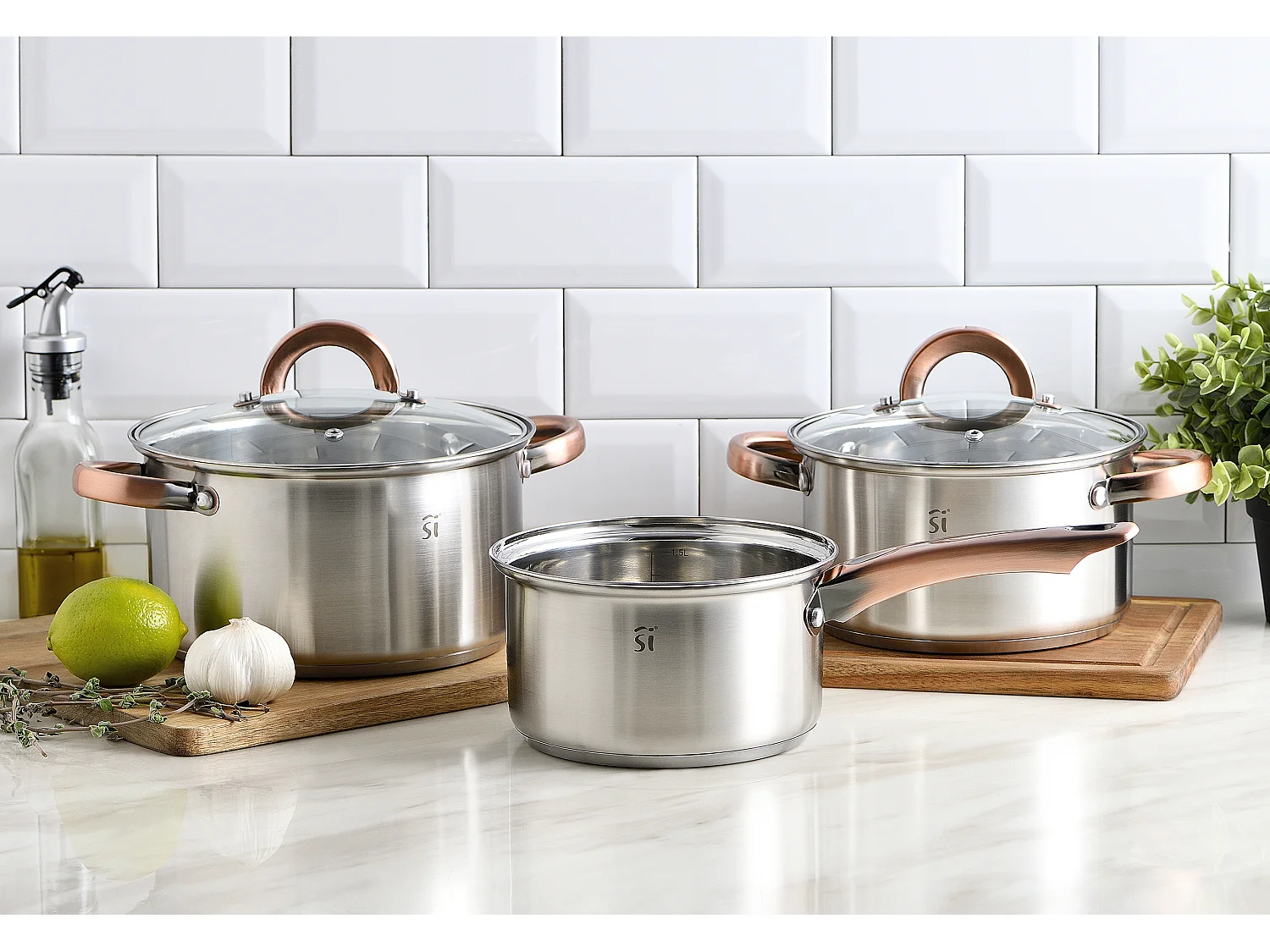 Batterie de cuisine en acier inoxydable 5 pièces, adaptée à l'induction, collection Onil