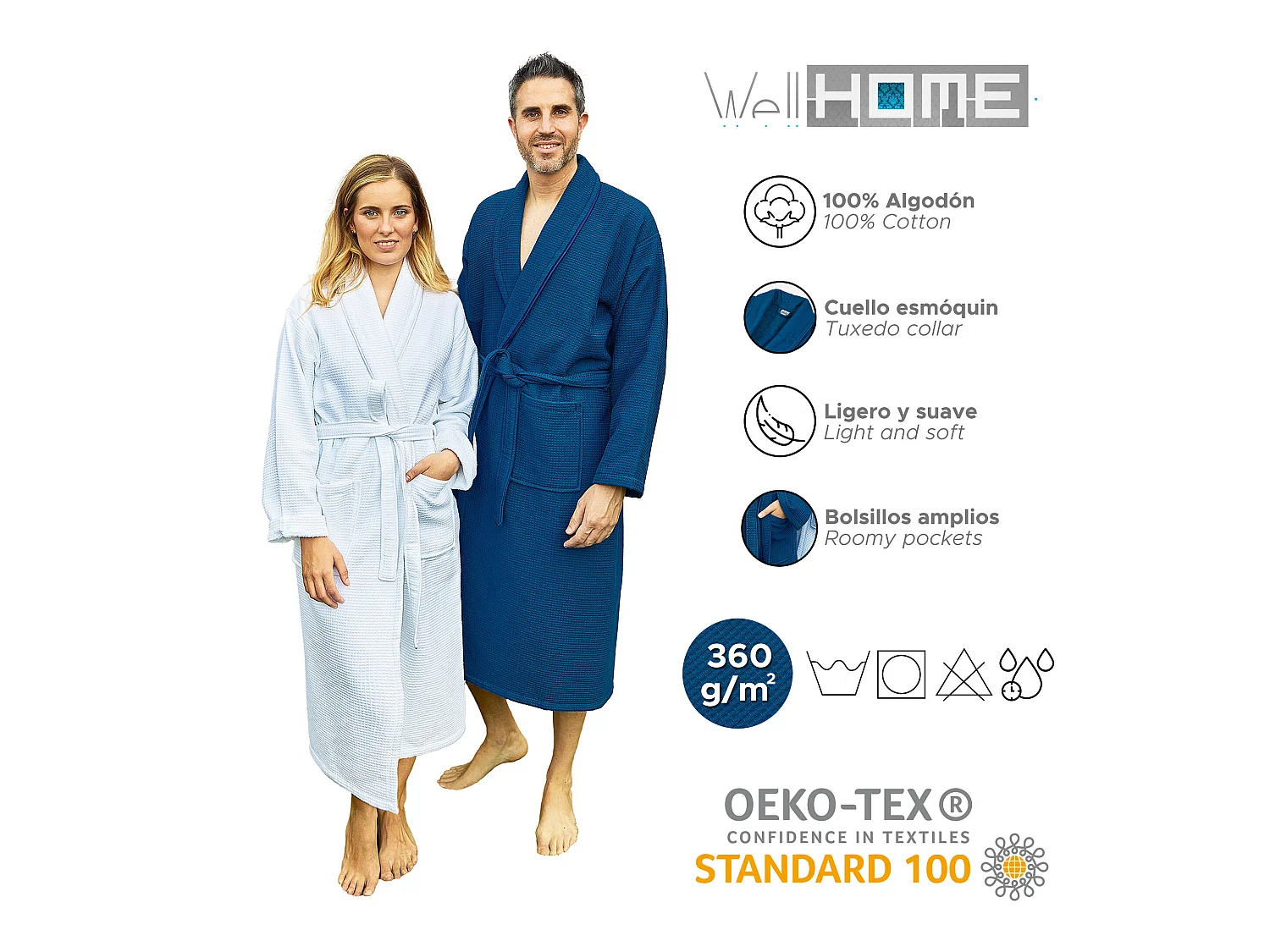 PEIGNOIR L/XL 360 gr/m2 100% coton Nid d'abeille Bleu marine