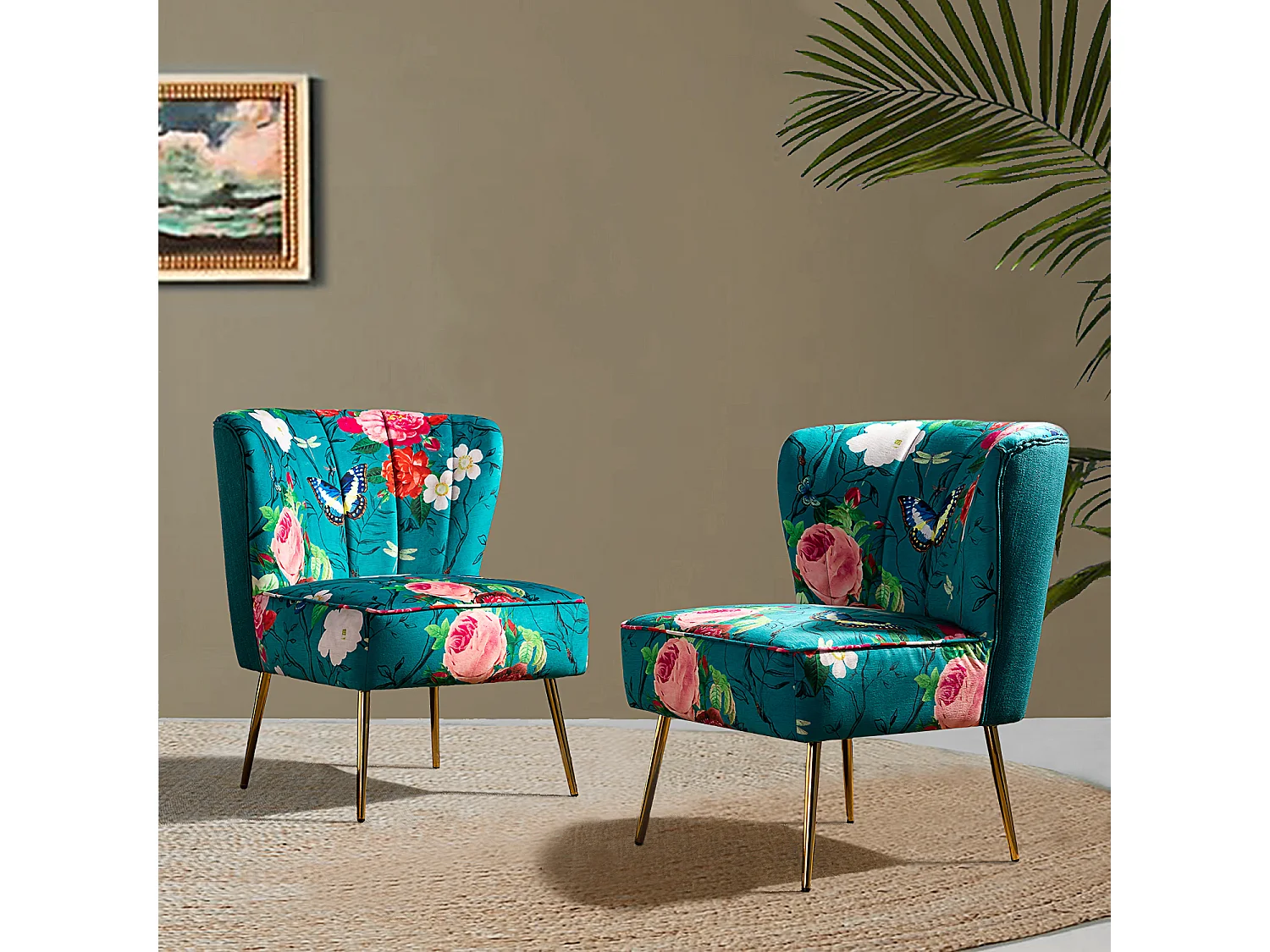 Chaise de Salon avec Pieds Dorés, Fauteuil Confortable en Tissu Floral sans Accoudoir-Imprimé Fleurs, Bleu，Lot de 2