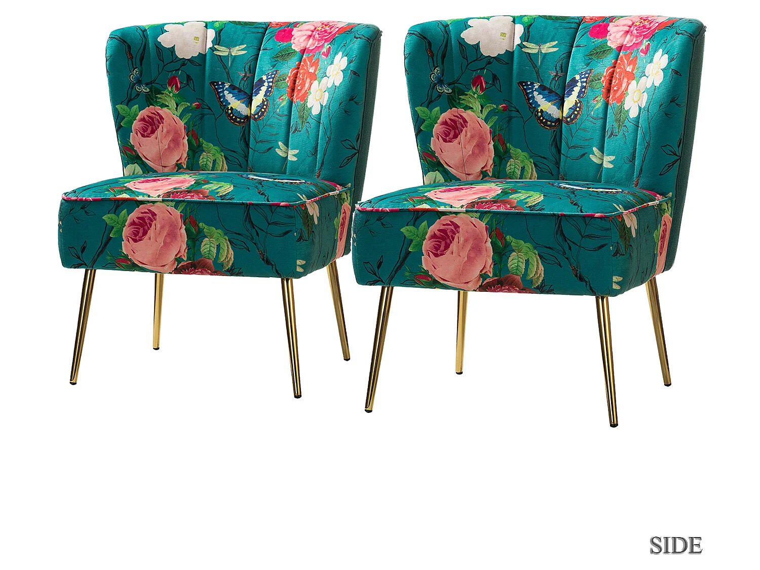 Chaise de Salon avec Pieds Dorés, Fauteuil Confortable en Tissu Floral sans Accoudoir-Imprimé Fleurs, Bleu，Lot de 2