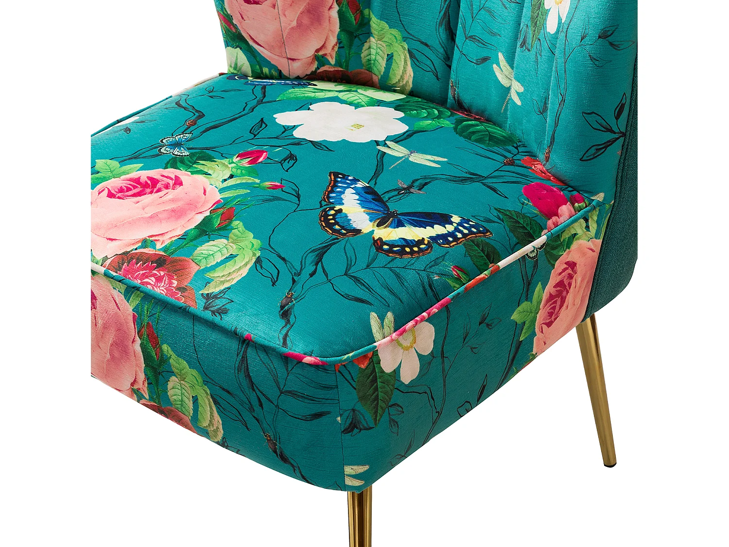 Chaise de Salon avec Pieds Dorés, Fauteuil Confortable en Tissu Floral sans Accoudoir-Imprimé Fleurs, Bleu，Lot de 2