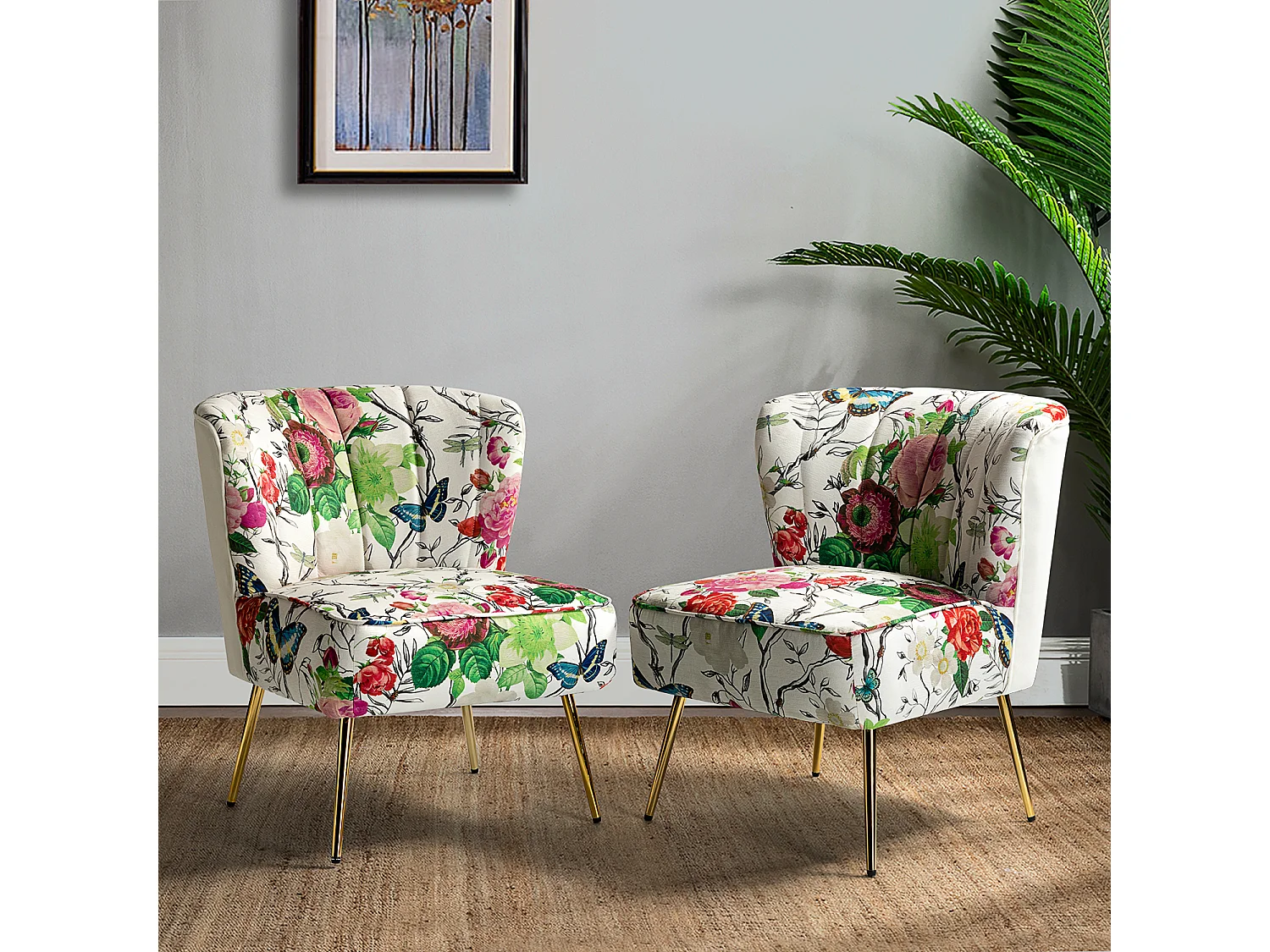 Chaise de Salon avec Pieds Dorés, Fauteuil Confortable en Tissu Floral sans Accoudoir-Imprimé Fleurs, Ivoire，Lot de 2