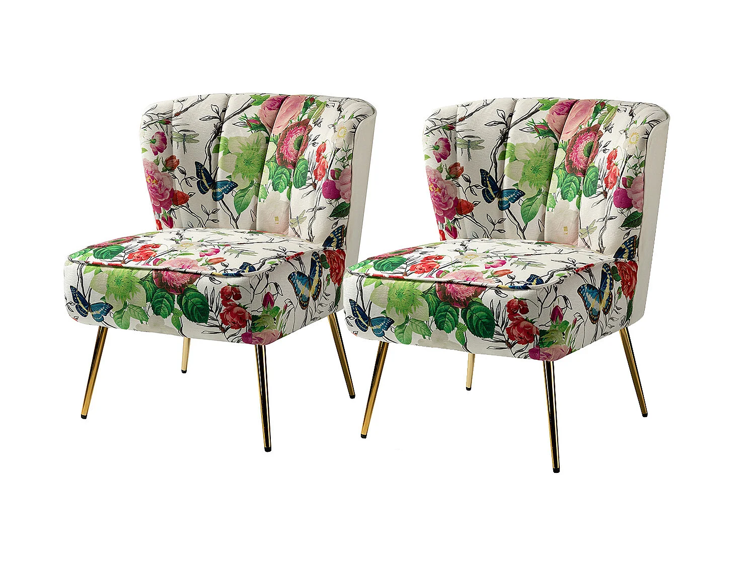 Chaise de Salon avec Pieds Dorés, Fauteuil Confortable en Tissu Floral sans Accoudoir-Imprimé Fleurs, Ivoire，Lot de 2