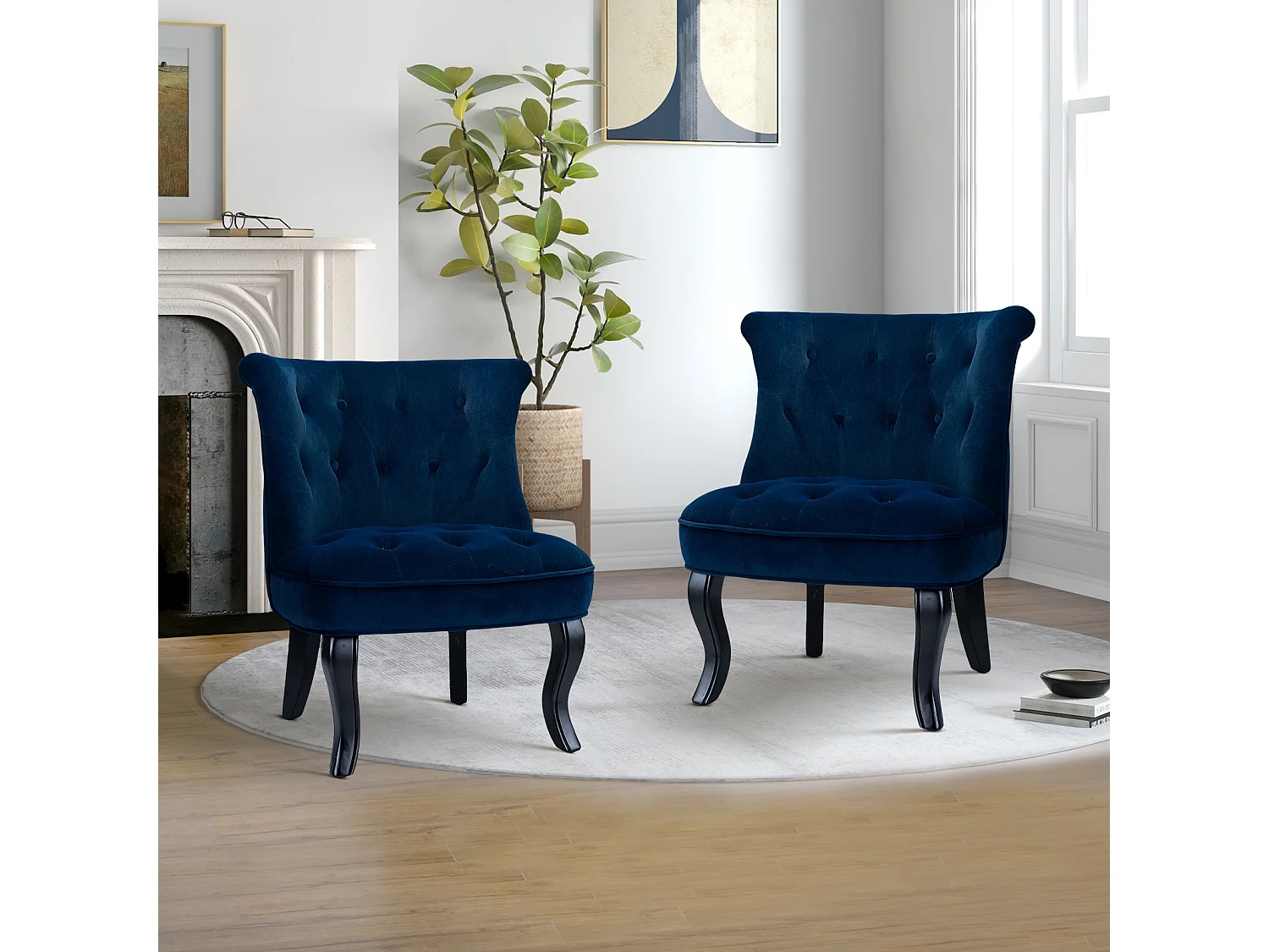 Petit Fauteuil Crapaud Rembourrée avec Pieds Noirs Pour Salle à Manger, Salon, Entrée & Chambre-Bleu，Lot de 2