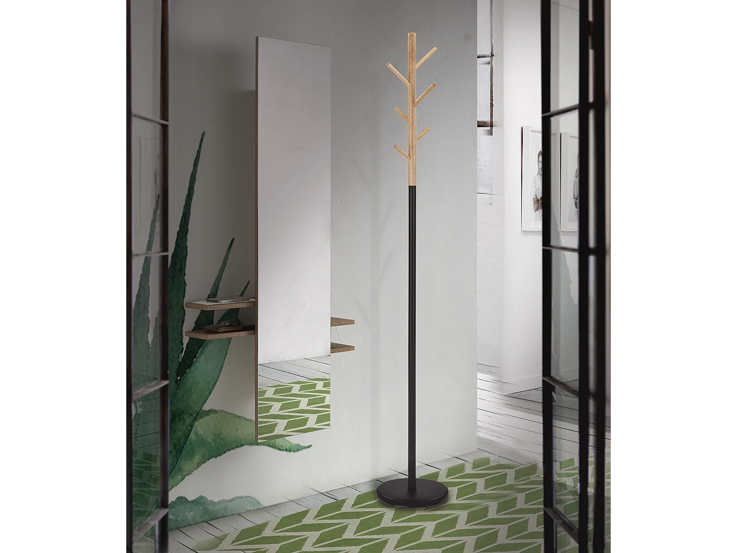 Porte-manteau - H178cm x L28cm x P28cm - métal et bois noir/chêne -  Bosquet