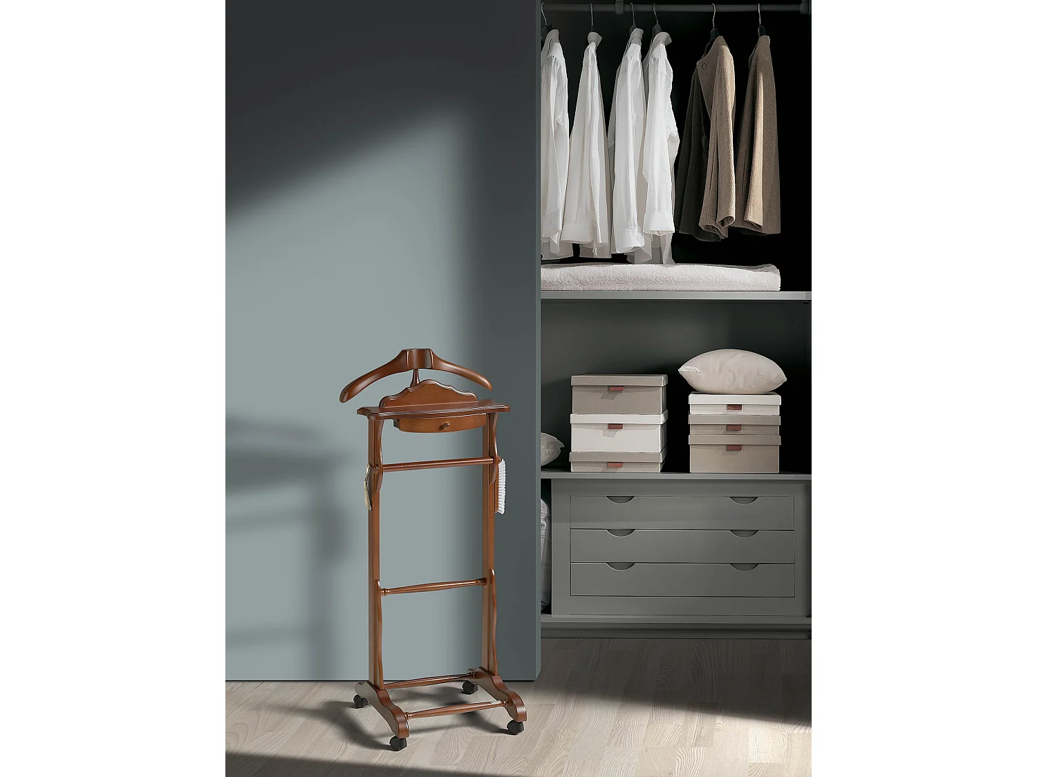 Cabide com rodas - A113cm x L47cm x F36cm - faia maciça nogueira - Toulouse