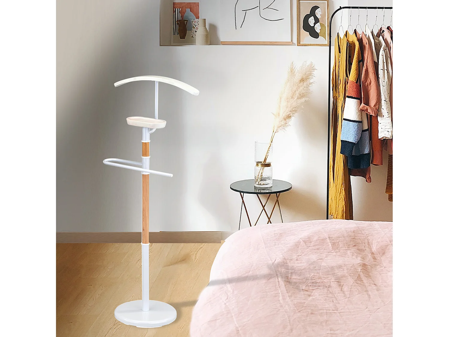 Valet de chambre - H110cm x L45cm x P28cm - métal et bois blanc/chêne - Nature